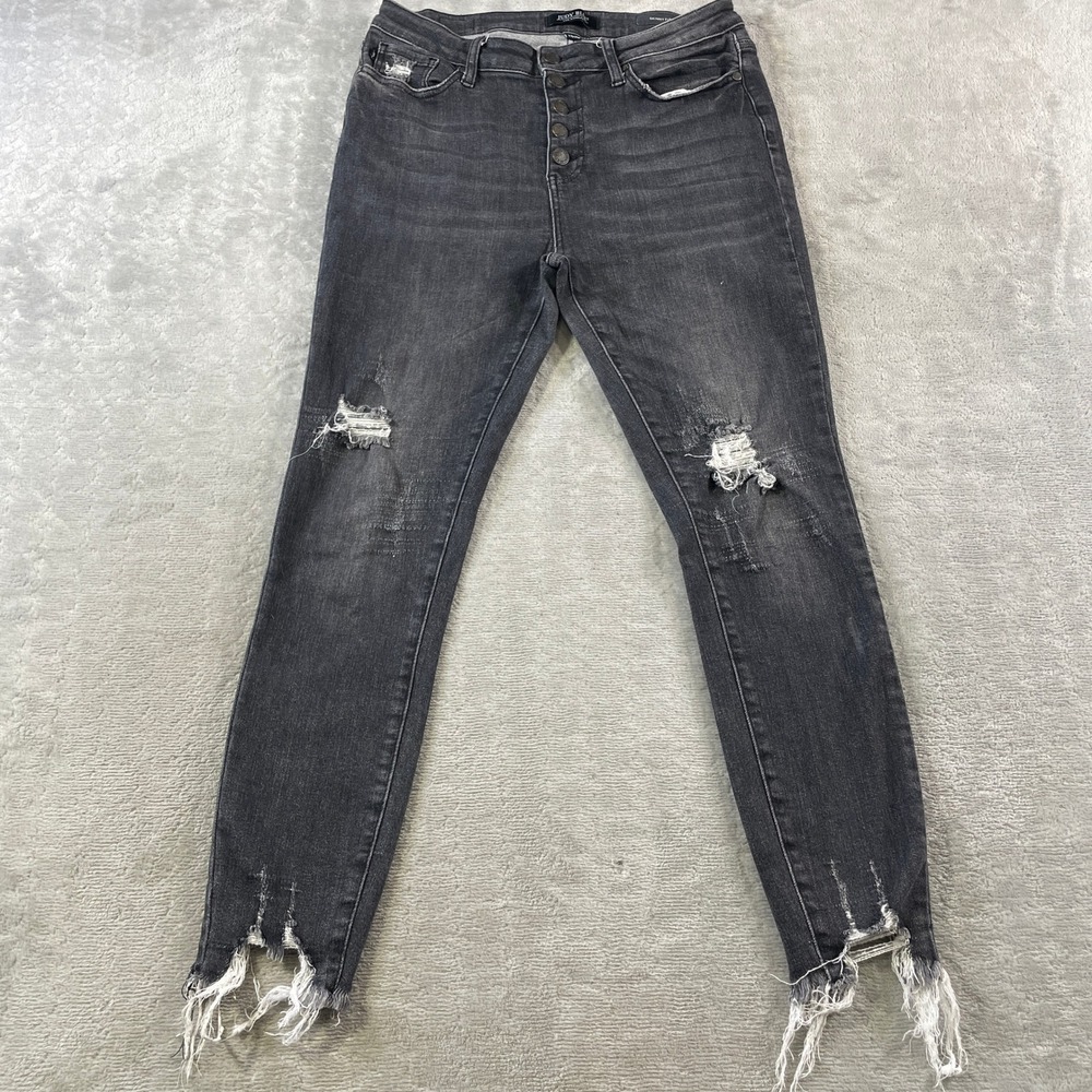 Judy Blue Jeans Women 11/30 Black High Rise Skinny Distressed Button Fly Whisker